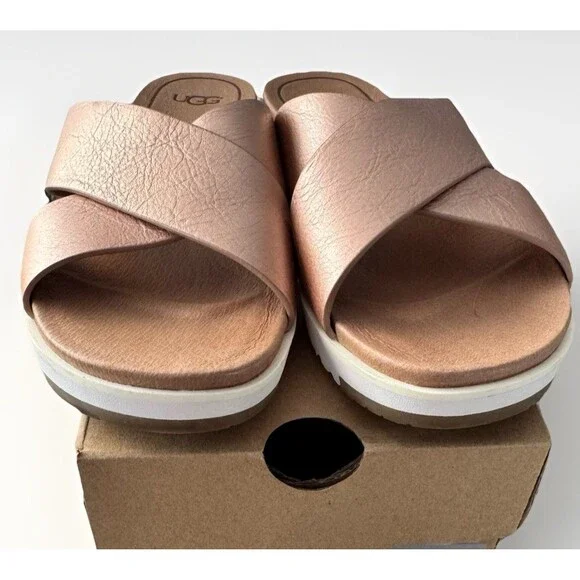 UGG Kari Sandals Size 7 Metallic Rose Gold Leather Crisscross Platform Slide - Picture 7 of 7